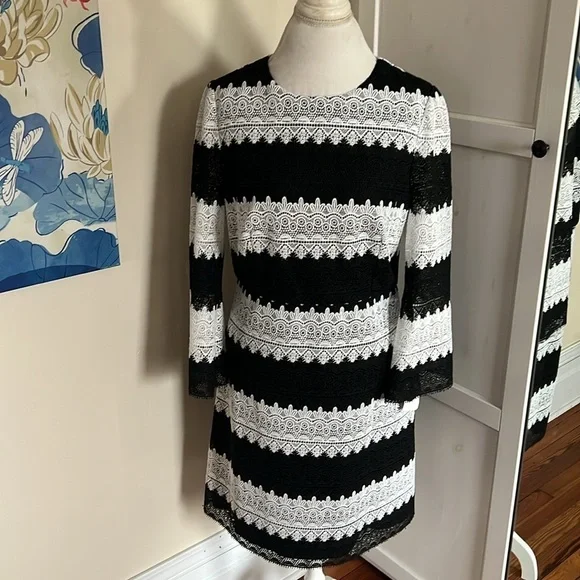 Jill Jill Stuart Classic Black and White Lace Striped Shift Dress 3/4 Sleeves 14 - Picture 3 of 12